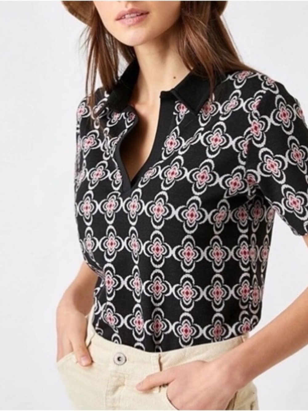 Black Floral Geo-Print Polo Top